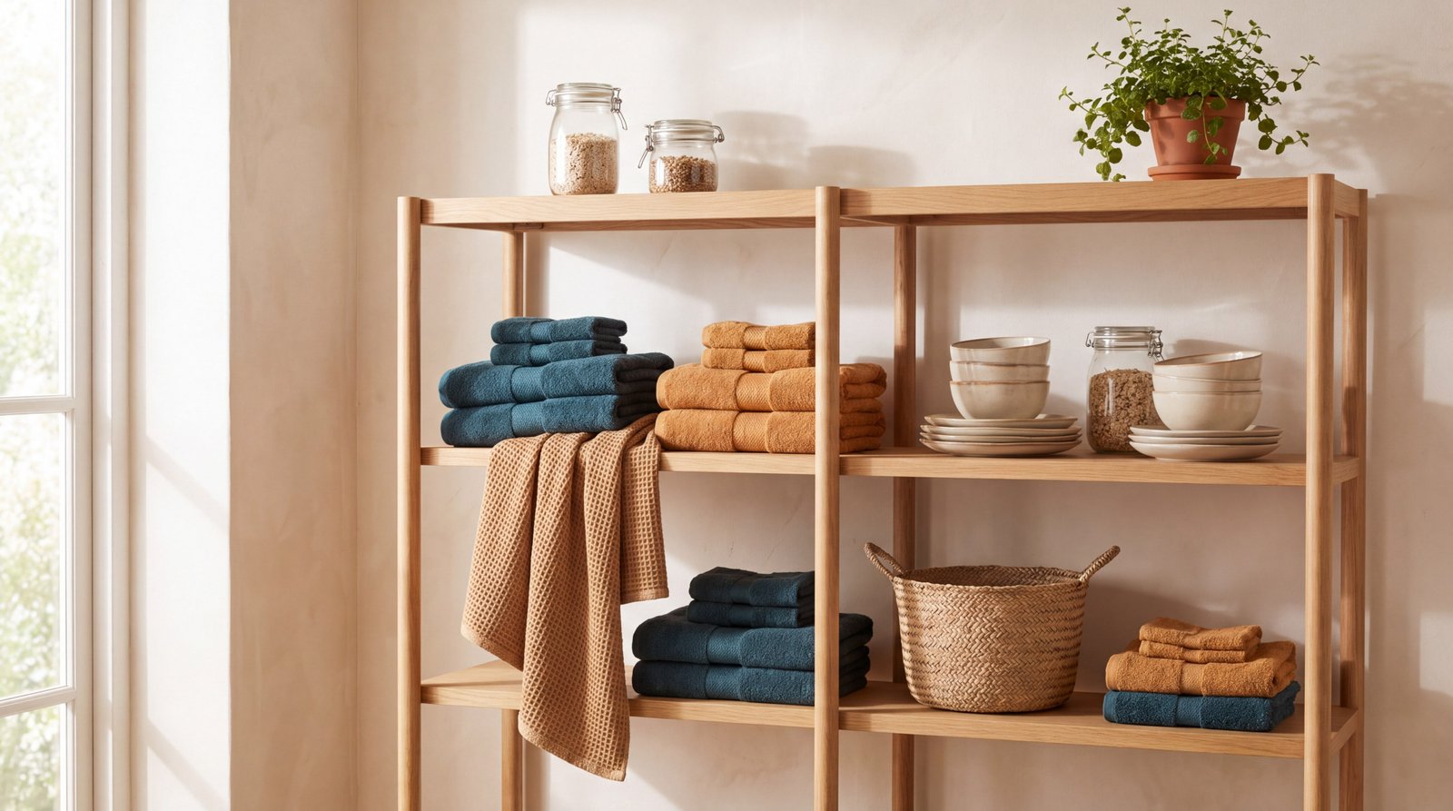 Home shelf styled with everyday essentials